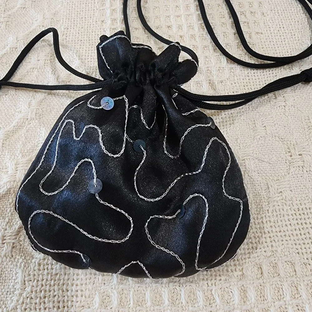 Vintage Mirror Compact + Black Satin Silver Stitching Sequin Evening Bag Purse